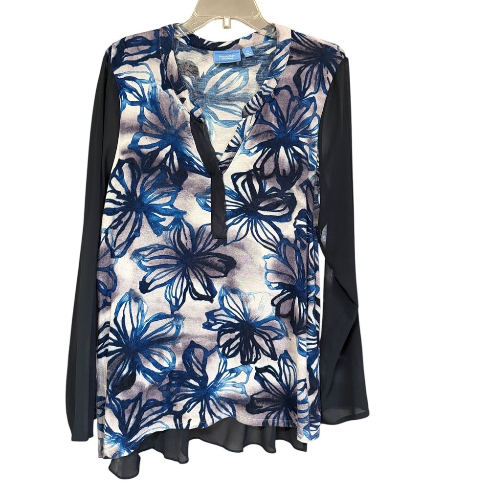 Simply Vera Vera Wang Floral Mixed Media Blouse Blue XL Sheer Sleeve Top